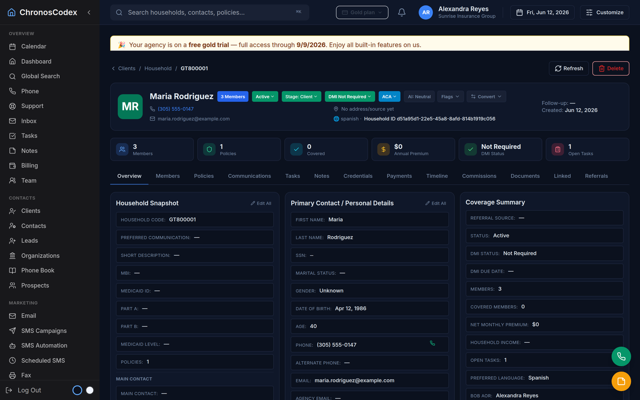 An insurance-ready CRM demo: a household record with members and policies (sample data)