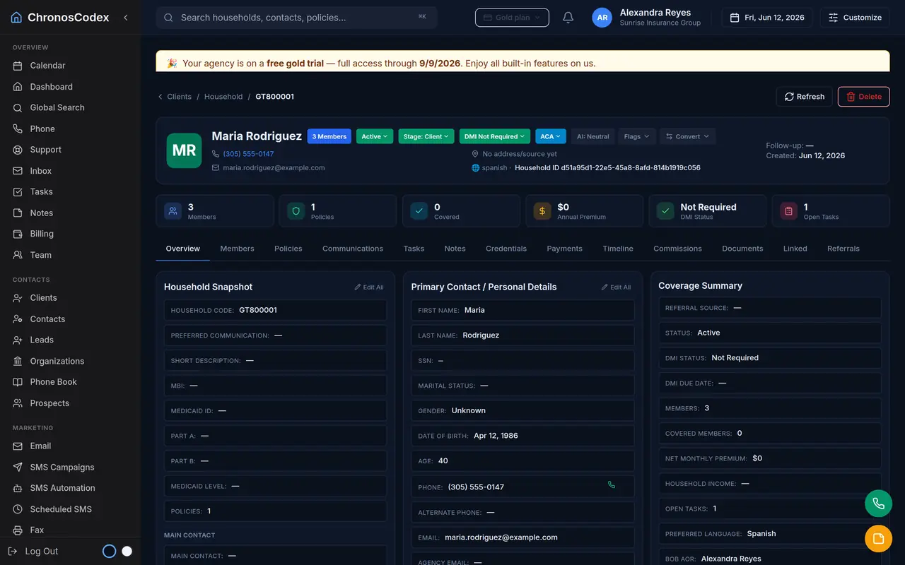 An insurance-ready CRM demo: a household record with members and policies (sample data)